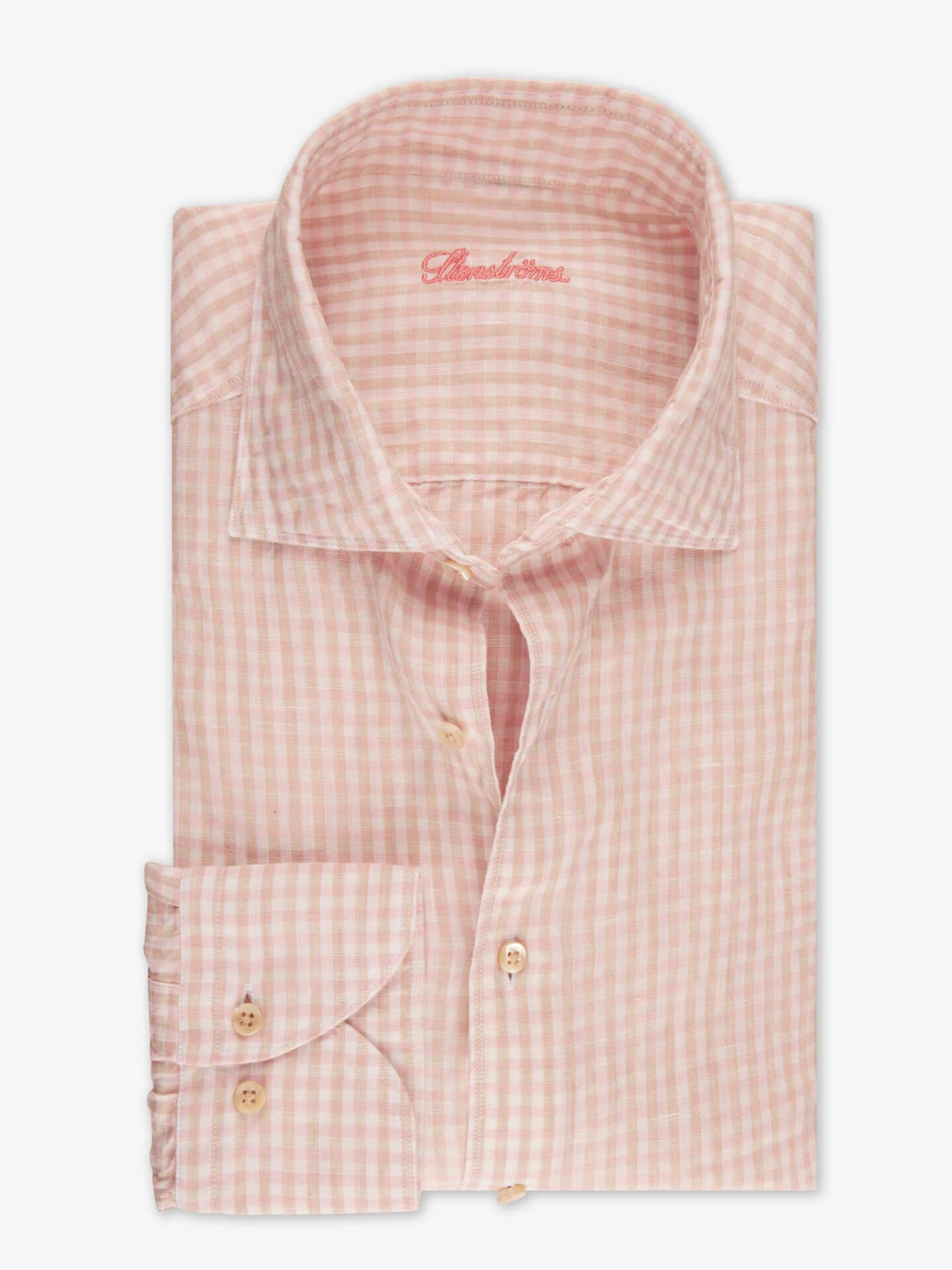 Stenströms Ljusrosa Rutig Linneskjorta | Herr | Herrskjortor | Fitted Body | Storlek: XL | Ljusrosa | Rutigt | Lång Ärm