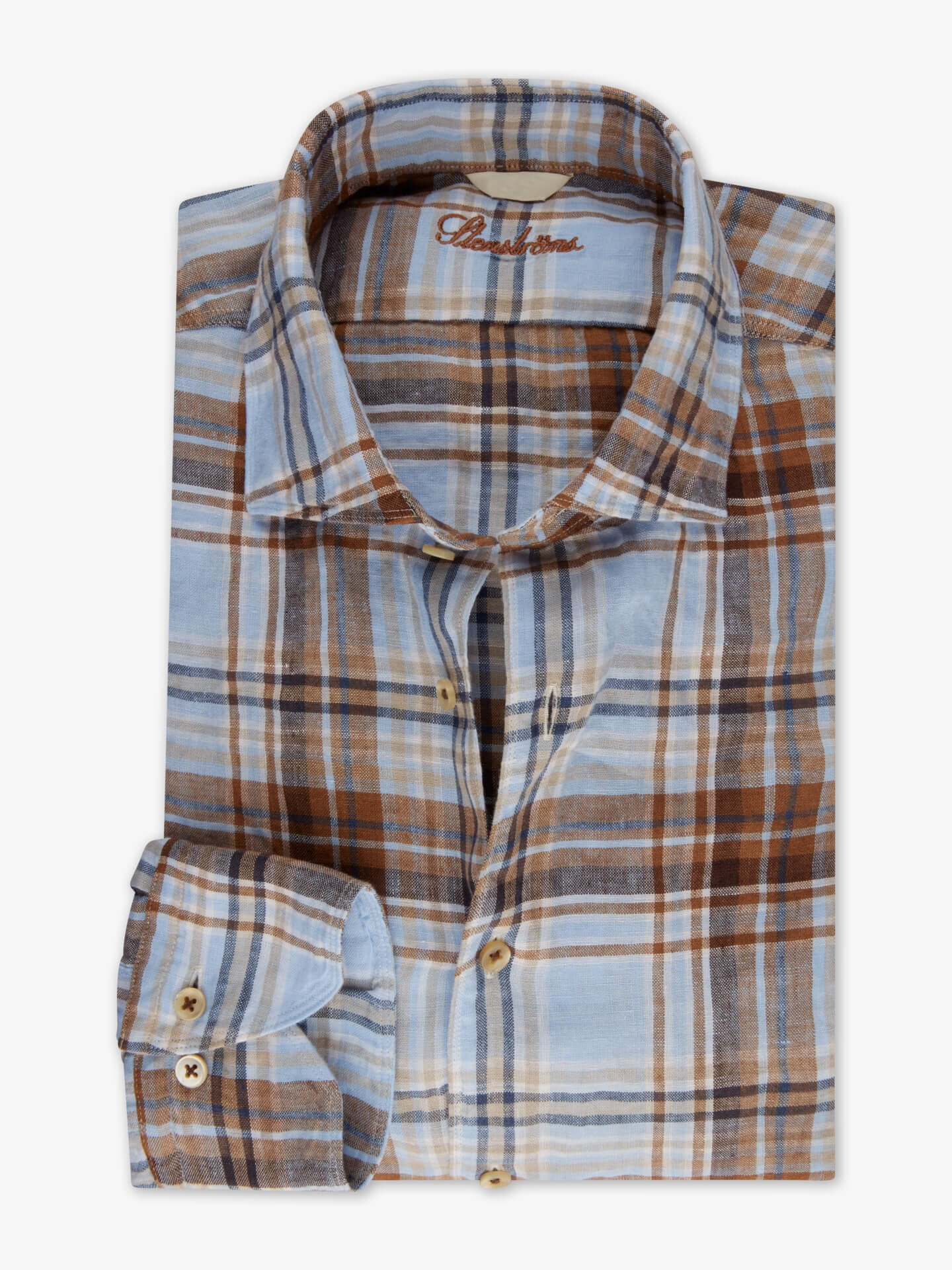 Stenströms Brun Rutete linskjorte | Herre | Herreskjorter | Fitted Body | Størrelse: XL | Brun | Checked | Lange Ermer