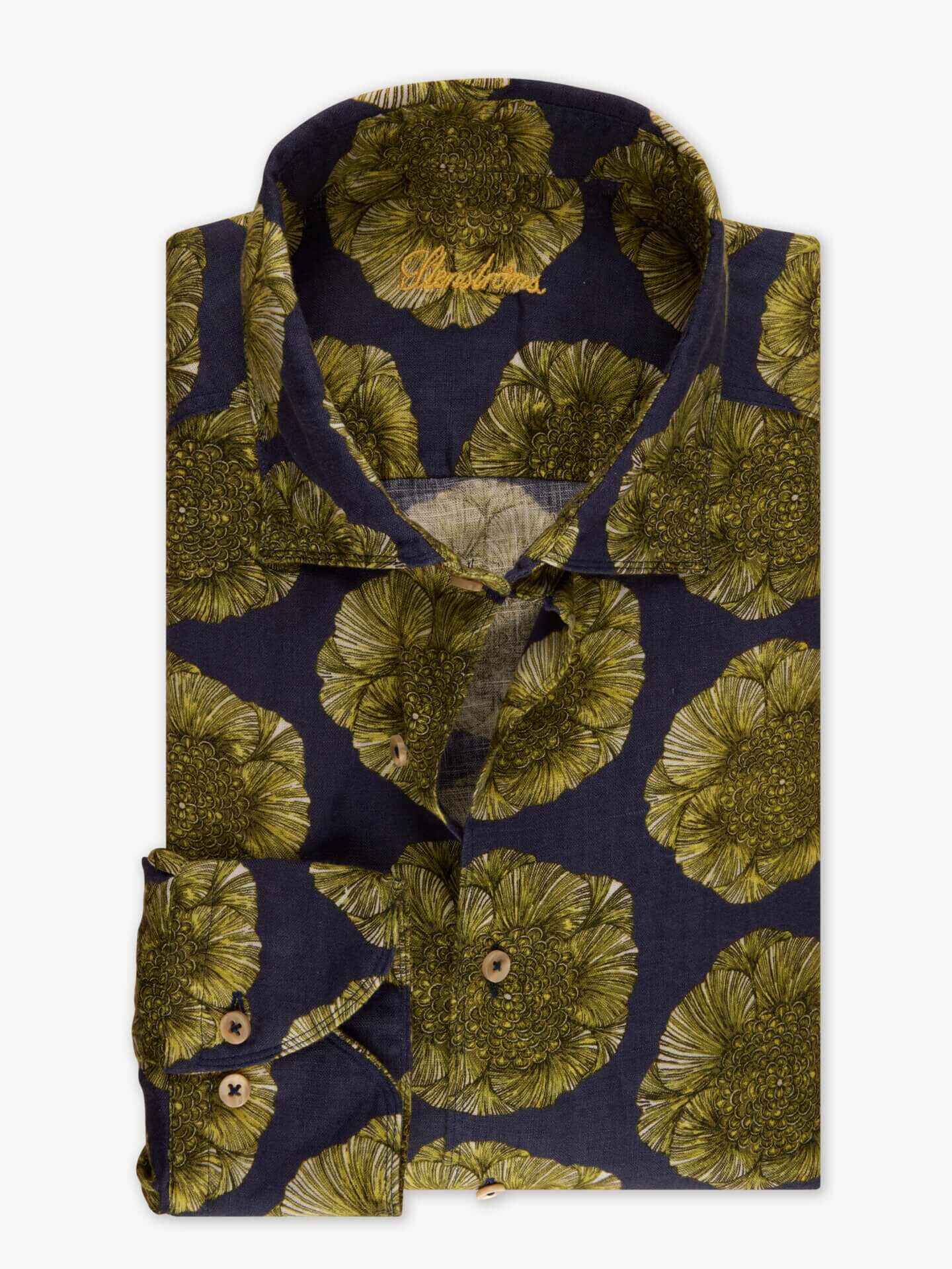 Stenströms Marinblå Blommig Linneskjorta | Herr | Herrskjortor | Fitted Body | Storlek: XXL | Marinblå | Mönstrad | Lång Ärm
