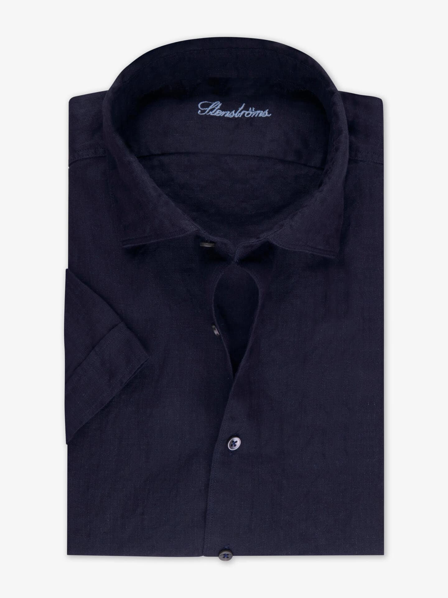 Stenströms Marineblå linskjorte, kortermet | Herre | Herreskjorter | Fitted Body | Størrelse: XL | Marineblå | Solid | Kort Erm