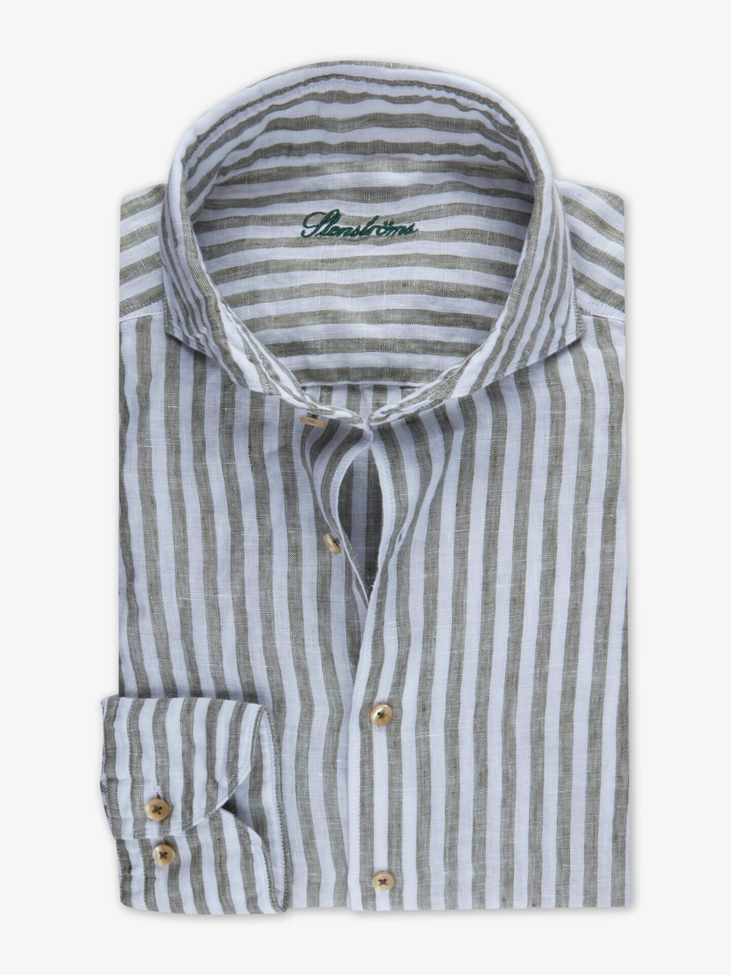 Stenströms Green Striped Linen Shirt | Herre | Herreskjorter | Slimline | Størrelse: XXL | Grønn | Striped | Lange Ermer